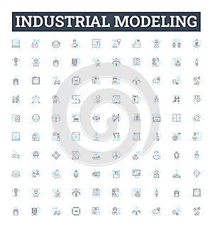 industrial modeling vector line icons set. Industrial, Modeling, Manufacturing, Process, Factory, Simulation, Analysis photo