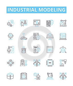 industrial modeling vector line icons set. Industrial, Modeling, Manufacturing, Process, Factory, Simulation, Analysis photo
