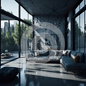 Industrial Modern Concrete Living Room Design, Large Panoramic Window With View, Generative AI