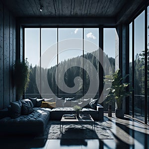 Industrial Modern Concrete Living Room Design, Large Panoramic Window With View, Generative AI