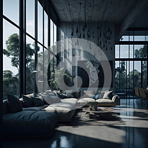 Industrial Modern Concrete Living Room Design, Large Panoramic Window With View, Generative AI