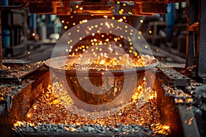 Industrial Molten Metal Pouring in Steel Factory Foundry, High Temperature Metalworking and Manufacturing Process