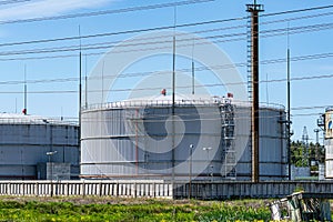 Industrial natural gas storage tanks. Gas tank in petroleum refinery. Above-ground storage tank