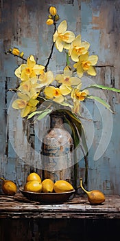 Industrial Nostalgia: Yellow Flowers In A Blue Vase