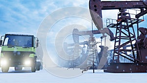 Industrial oil pumps operate in the winter and pump crude oil in an oil field. Oil trucks passing by oil pumps. 3D photo