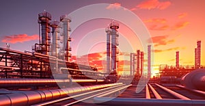 Industrial oil refinery area, detail of steel oil pipeline equipment, oil and gas storage - AI generated image