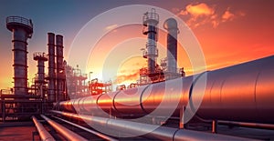 Industrial oil refinery area, detail of steel oil pipeline equipment, oil and gas storage - AI generated image