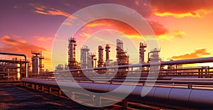 Industrial oil refinery area, detail of steel oil pipeline equipment, oil and gas storage - AI generated image