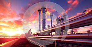 Industrial oil refinery area, detail of steel oil pipeline equipment, oil and gas storage - AI generated image