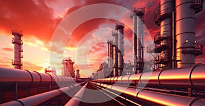 Industrial oil refinery area, detail of steel oil pipeline equipment, oil and gas storage - AI generated image