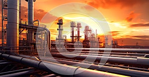 Industrial oil refinery area, detail of steel oil pipeline equipment, oil and gas storage - AI generated image