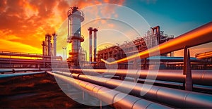 Industrial oil refinery area, detail of steel oil pipeline equipment, oil and gas storage - AI generated image