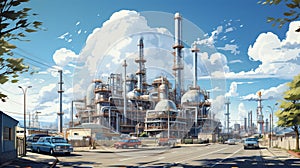 Industrial oil refinery chemical plant with equipment and tall pipes. AI generated