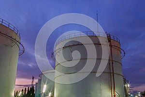 Industrial oil tanks in a refinery at twilight