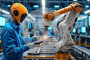 Industrial oversight Manager engineers control robotic arms in factory automation