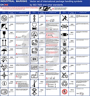 Industrial package marking Vector set of official ISO 7000 package handling icons symbols Package symbols icons application rules