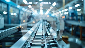 Industrial packaging line in manufacturing plant. Conveyor in a spacious, bright, well lit factory workshop.