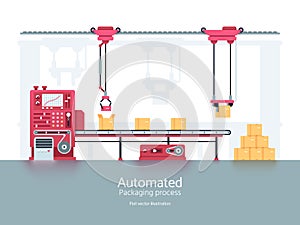 Industrial packaging machine with conveyor production line vector illustration photo