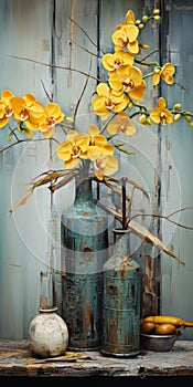 Industrial Paintings: Three Vases With Yellow Flowers