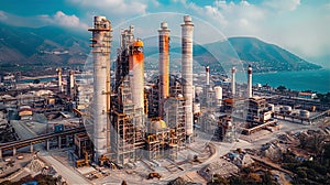 Industrial panorama of a modern Cement factory, heavy industrial complex, dramatic panorama with environmental and eco concept.