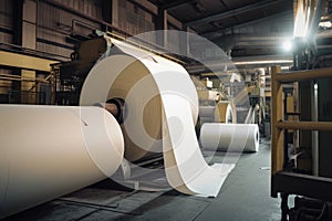Industrial Paper Mill with Pulp and Paper Rolls