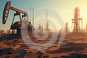 Industrial Petroleum production factory at sunset. Generate Ai