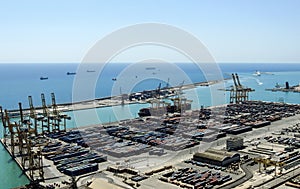 Industrial pier, harbour with containers, freight shipping - Barcelona harbour