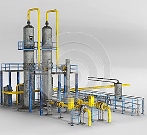 Industrial pipe and pipeline system with water pumps and pipelines, 3D rendered