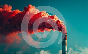 Industrial pipe pollutes the air. Industrial chimney emitting red smoke symbolizing high carbon emissions