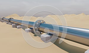 Industrial Pipe and valve on desert sand. Oil and gas industry Stainless steel pipeline. 3d render