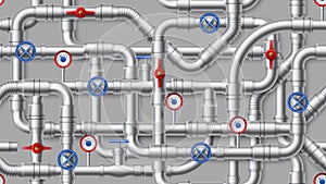 Industrial pipeline pattern. Steel water pipes, metal pipe with valve seamless vector background illustration