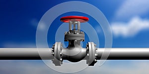 Industrial pipeline and valve on blur blue sky background, banner, front view. 3d illustration
