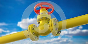 Industrial pipeline yellow color and red valve wheel against blue sky background. 3d illustration