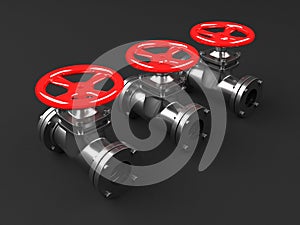 Industrial pipelines and valves with red wheels