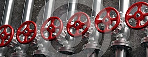 Industrial pipelines and valves with red wheels on gray wall background. 3d illustration