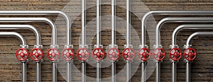 Industrial pipelines and valves system on concrete wall background. 3d illustration