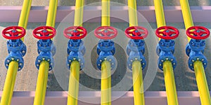 Industrial pipelines yellow color and red and blue valves background. 3d illustration