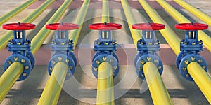 Industrial pipelines yellow color and red and blue valves background. 3d illustration