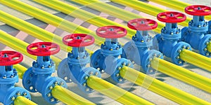 Industrial pipelines yellow color and red and blue valves background. 3d illustration