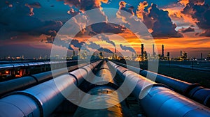 Industrial pipes leading towards a factory under a vibrant sunset sky. Perfect for energy sector visuals. Envisioning