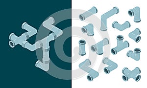 Industrial pipes. Oil or water plastic tubes steel pipes connections vector isometric set