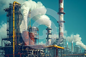 Industrial Plant Emitting Smoke and Steam Against Blue Sky, Concept of Environmental Pollution