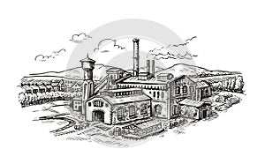 Industrial plant, factory sketch. Vintage building vector illustration