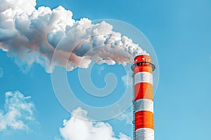 Industrial Pollution Concept Red and White Smokestack Emitting Dense Smoke into Clear Blue Sky