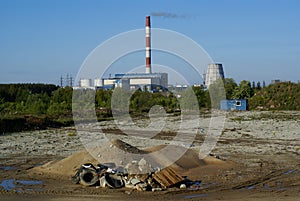 Industrial pollution, smokestack and rubbish