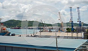 Industrial port crane lift up loading export containers box onboard at port of Thailand