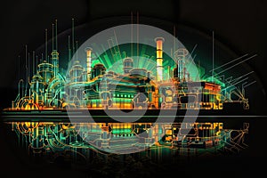 Industrial power plant with pipes and steam locomotives in neon light, generative ai