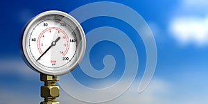 Industrial pressure gauge on blur blue sky background, front view, copy space. 3d illustration