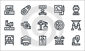 Industrial process line icons. linear set. quality vector line set such as drill, productivity, stock, crane, warehouse, waste