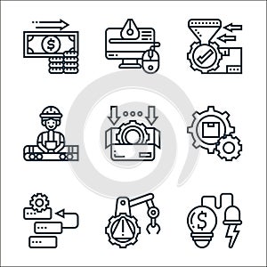 industrial process line icons. linear set. quality vector line set such as energy, warning, backlog, automation, assembly, worker